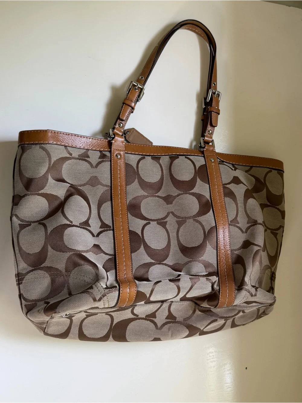 Coach Y2K Bag Tote Purse Signature Jacquard Tote Khaki Brown Leather